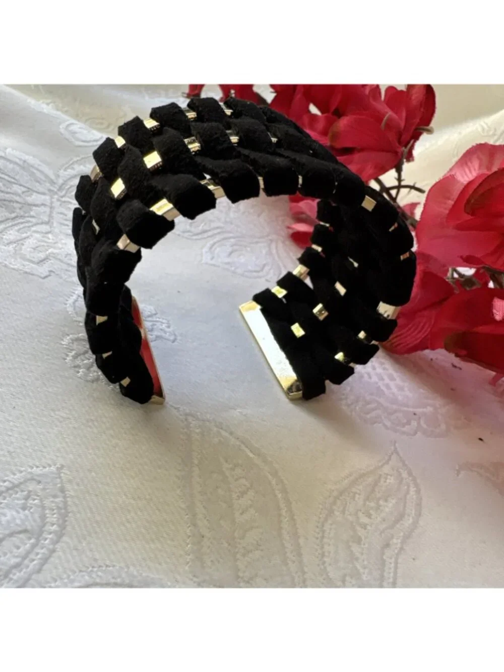 Victoria's Secret Black Velvet Braided Bracelet Jewelry Goldtone Cuff Bangle NEW